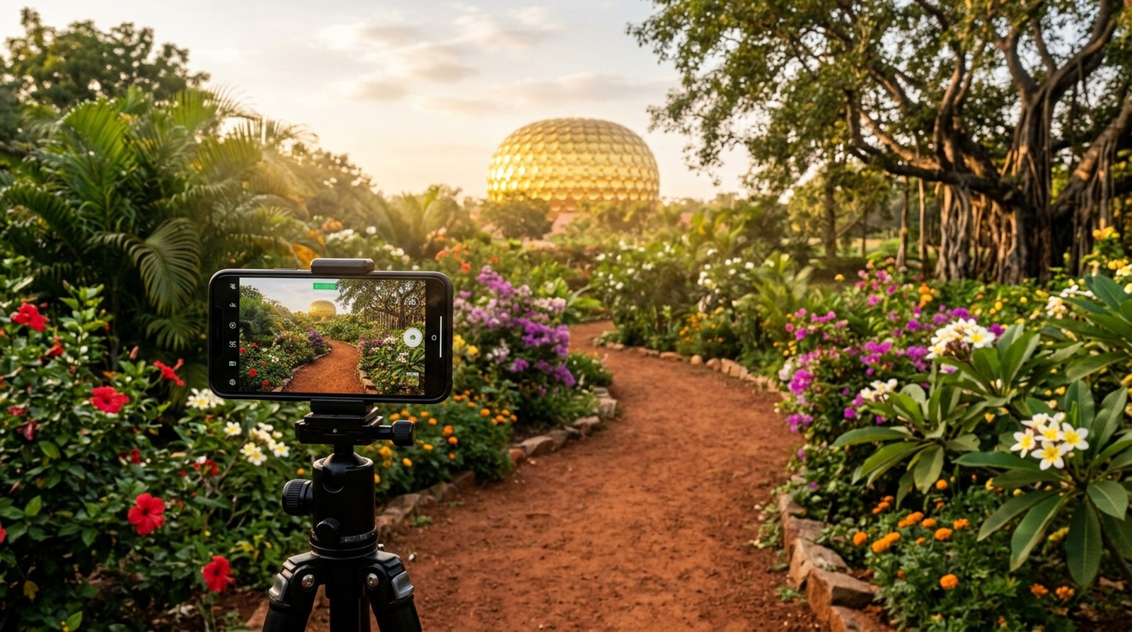 A phone on a tripod filming in the Matrimandir gardens at golden hour