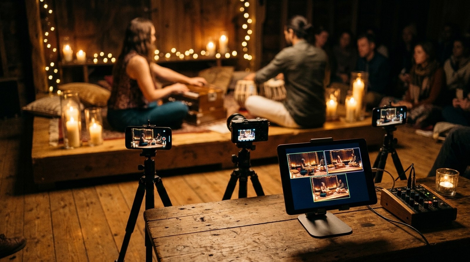 Two phones on tripods and a camera around a small stage, a tablet showing every picture