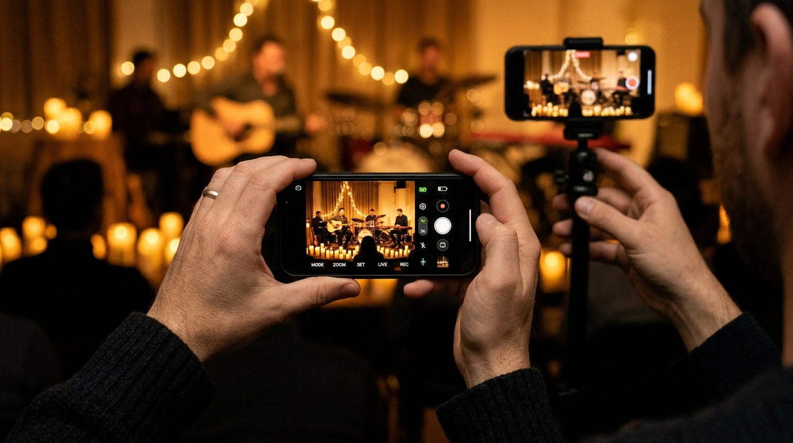 Hands holding a phone with Camera Remote, the phone camera on a tripod behind