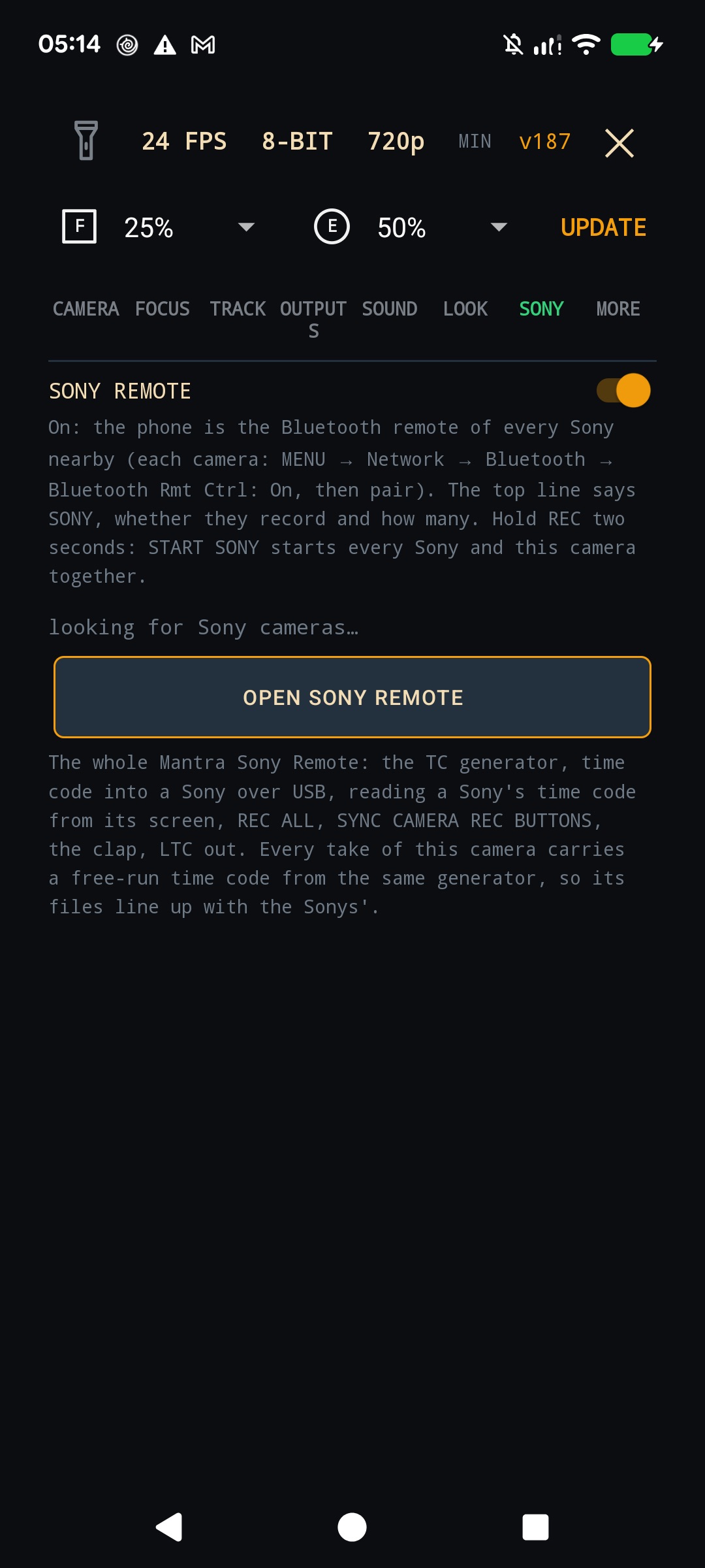 Settings, SONY: the Sony remote switch